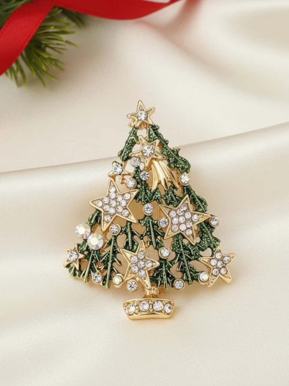Gold & Green Crystal Star Christmas Tree Brooch - Women Jewelry